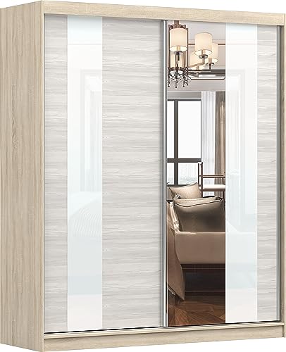 Fabryka Mebli Idźczak Kleiderschrank mit Spiegel - Schwebetürenschrank - Schlafzimmerschrank - 61 x 183 x 218 cm - Schrank für Schlafzimmer, Ankleidezimmer, Garderobe, Wohnzimmer - Sonoma/Kathult von Fabryka Mebli Idźczak