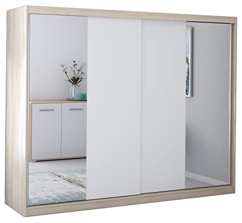 Fabryka Mebli Idźczak Kleiderschrank mit Spiegel, Wohnzimmerschrank - Weiß, Sonoma Schwebetürenschrank, Schlafzimmerschrank - ‎61 x 233 x 218 cm - Schrank für Schlafzimmer, Wohnzimmer, Garderobe von Fabryka Mebli Idźczak