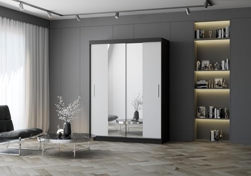 Fabryka Mebli Idźczak Kleiderschrank mit Spiegel, Schiebetüren - Schwebetürenschrank, Schlafzimmerschrank - ‎61 x 150 x 200 cm - Schrank für Schlafzimmer, Ankleidezimmer, Garderobe, Weiß/Schwarz von Fabryka Mebli Idźczak