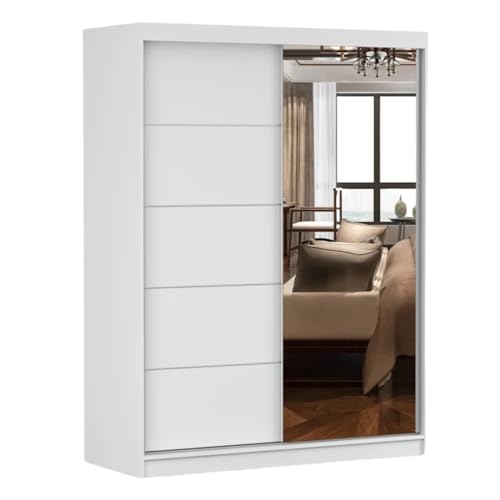 Fabryka Mebli Idźczak Kleiderschrank mit Spiegel, Schiebetüren - Weißer Schwebetürenschrank, Schlafzimmerschrank - ‎61 x 150 x 200 cm - Schrank für Schlafzimmer, Ankleidezimmer, Garderobe von Fabryka Mebli Idźczak