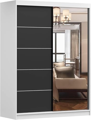 Fabryka Mebli Idźczak Kleiderschrank mit Spiegel, Schiebetüren - Schwebetürenschrank, Schlafzimmerschrank - ‎61 x 150 x 200 cm - Schrank für Schlafzimmer, Ankleidezimmer, Garderobe - Schwarz, Weiß von Fabryka Mebli Idźczak