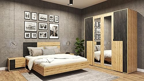 Fabryka Mebli Idźczak Schlafzimmer-Set Bafra Bettgestell - Doppelbett Ehebett mit Fantasy-Matratze - Kleiderschrank mit Spiegel, Nachttisch, Kommode - Artisan Eiche/Schwarze Norwegische Kiefer von Fabryka Mebli Idźczak