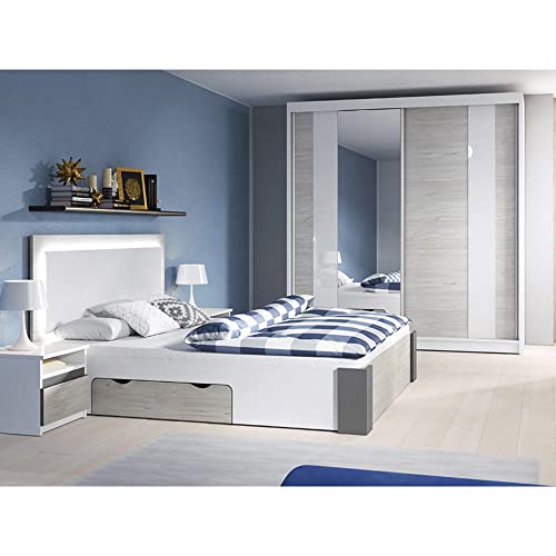 Fabryka Mebli Idźczak Schlafzimmer-Set Komplett - Helios II 180 Bettgestell - Kleiderschrank mit Spiegel,2X Nachttisch - Innovativ, Stilvoll, Modern mit Fancy-Matratze - Weiß/Kathult+Grau von Fabryka Mebli Idźczak