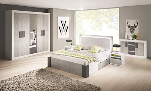 Fabryka Mebli Idźczak Schlafzimmer-Set Helios III 230 Bettgestell Kleiderschrank Nachttisch Innovatives Stilvoller Allrounder Modern (Weiß/Kathult+Grau) von Fabryka Mebli Idźczak