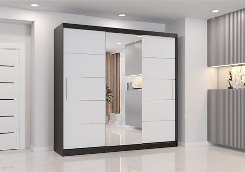 Fabryka Mebli Idźczak Schiebetürenschrank, eleganter Kleiderschrank Schrank Garderobe Astra mit Spiegel, Schlafzimmer- Wohnzimmerschrank Schiebetüren Modern Design (Schwarz/Weiß) von Fabryka Mebli Idźczak