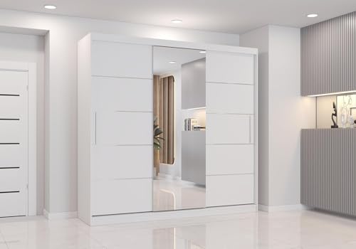 Fabryka Mebli Idźczak Schiebetürenschrank, eleganter Kleiderschrank Schrank Garderobe Astra mit Spiegel, Schlafzimmer- Wohnzimmerschrank Schiebetüren Modern Design (Weiß/Weiß) von Fabryka Mebli Idźczak