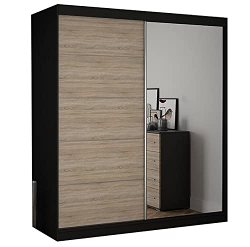 Schiebetürenschrank, eleganter Kleiderschrank Schrank Garderobe Spiegel Bella 03, Schlafzimmer- Wohnzimmerschrank Schiebetüren Modern Design (Schwarz/Sonoma) von Fabryka Mebli Idźczak