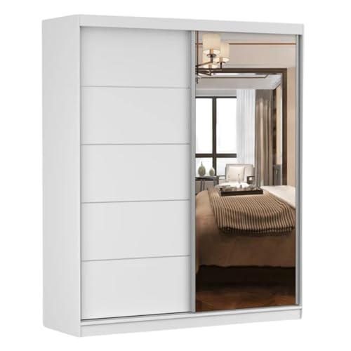 Schiebetürenschrank, eleganter Kleiderschrank Schrank Garderobe Spiegel Bella 03, Schlafzimmer- Wohnzimmerschrank Schiebetüren Modern Design (Weiß/Weiß) von Fabryka Mebli Idźczak