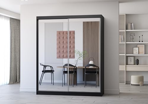 Fabryka Mebli Idźczak Kleiderschrank mit Spiegel, Schiebetüren - Schwebetürenschrank, Schlafzimmerschrank - ‎61 x 183 x 218 cm - Weiß, schwarz Schrank für Schlafzimmer, Wohnzimmer, Garderobe von Fabryka Mebli Idźczak