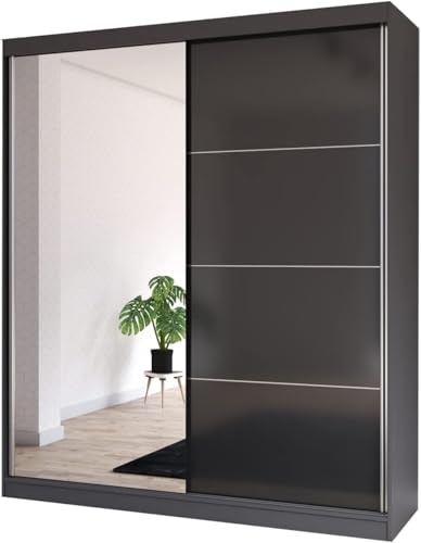 Fabryka Mebli Idźczak Kleiderschrank mit Spiegel, Wohnzimmerschrank - Schwarz, Grau Schwebetürenschrank, Schlafzimmerschrank - ‎61 x 183 x 218 cm - Schrank für Schlafzimmer, Wohnzimmer, Garderobe von Fabryka Mebli Idźczak