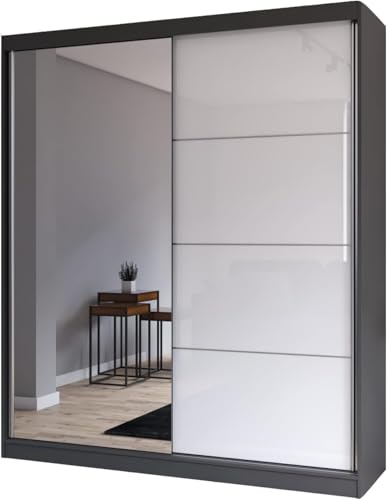 Fabryka Mebli Idźczak Kleiderschrank mit Spiegel - Schwebetürenschrank, Schlafzimmerschrank - Weiß, Grau Schrank für Schlafzimmer, Ankleidezimmer - 61 x 183 x 218 cm - Garderobenschrank von Fabryka Mebli Idźczak