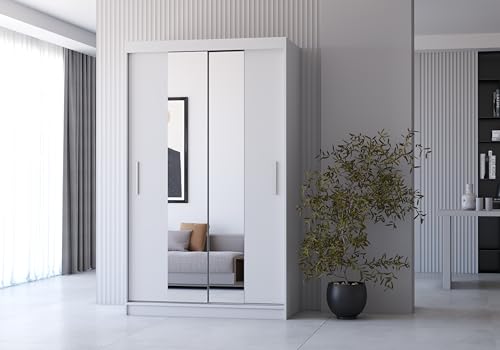 Schiebetürenschrank, eleganter Kleiderschrank Schrank Garderobe Spiegel Neomi, Schlafzimmer- Wohnzimmerschrank Schiebetüren Modern Design (Weiß/Weiß) von Fabryka Mebli Idźczak