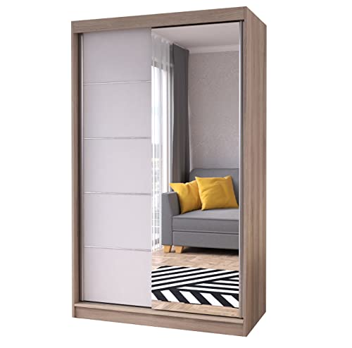 Fabryka Mebli Idźczak Schiebetürenschrank, eleganter Kleiderschrank Schrank Garderobe Spiegel Neomi 05, Schlafzimmer- Wohnzimmerschrank Schiebetüren Modern Design (Sonoma/Weiß) von Fabryka Mebli Idźczak