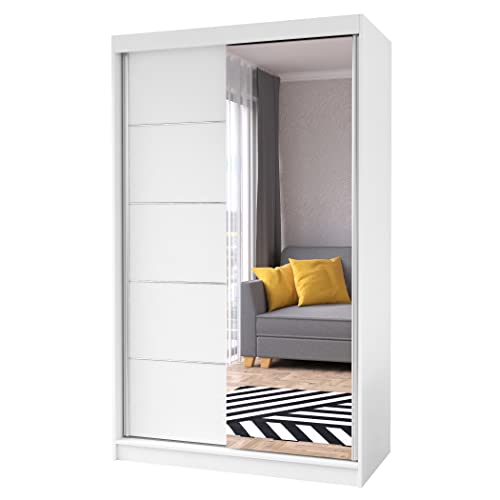 Fabryka Mebli Idźczak Schiebetürenschrank, eleganter Kleiderschrank Schrank Garderobe Spiegel Neomi 05, Schlafzimmer- Wohnzimmerschrank Schiebetüren Modern Design (Weiß/Weiß) von Fabryka Mebli Idźczak