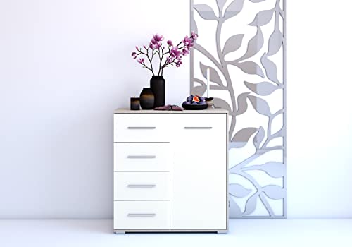 Fabryka Mebli Idźczak Schiebetürenschrank Frida 01 1D4S, eleganter Kommode Schubladkasten, mit Schubladen - Schlafzimmer Schiebetüren Schränkchen Stauraum Modern Design (Sonoma/Weiß) von Fabryka Mebli Idźczak