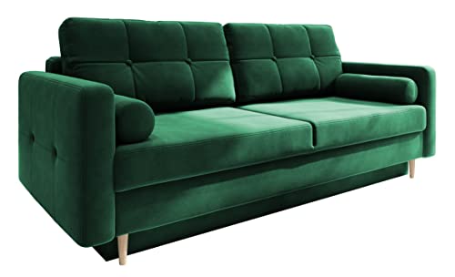 Fabryka Mebli Idźczak Schlafsofa Sofa Pastella Couch Ausklappbares Schlaffunktion Bettkasten - Kissen Bettzeugbehälter Hilfsautomat Wohnzimmer, Gästezimmer Modern Design (Kronos 19 Grün) von Fabryka Mebli Idźczak