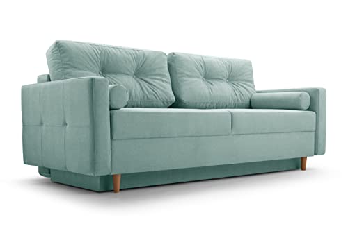 Fabryka Mebli Idźczak Schlafsofa Sofa Pastella Couch Ausklappbares Schlaffunktion Bettkasten - Kissen Bettzeugbehälter Hilfsautomat Wohnzimmer, Gästezimmer Modern Design (Queens 18 Grün) von Fabryka Mebli Idźczak