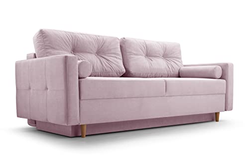 Fabryka Mebli Idźczak Schlafsofa Sofa Pastella Couch Ausklappbares Sofa Schlaffunktion Bettkasten - Kissen Bettzeugbehälter Hilfsautomat - Wohnzimmer, Gästezimmer Modern Design (Queens 19 Rosa) von Fabryka Mebli Idźczak