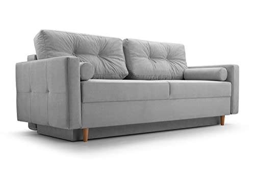 Fabryka Mebli Idźczak Schlafsofa Sofa Pastella Couch Ausklappbares Sofa Schlaffunktion Bettkasten - Kissen Bettzeugbehälter Hilfsautomat - Wohnzimmer, Gästezimmer Modern Design (Queens 21 Hellgrau) von Fabryka Mebli Idźczak