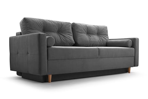 Fabryka Mebli Idźczak Schlafsofa Sofa Pastella Couch Ausklappbares Schlaffunktion Bettkasten - Kissen Bettzeugbehälter Hilfsautomat Wohnzimmer, Gästezimmer Modern Design (Queens 23 Dunkelgrau) von Fabryka Mebli Idźczak