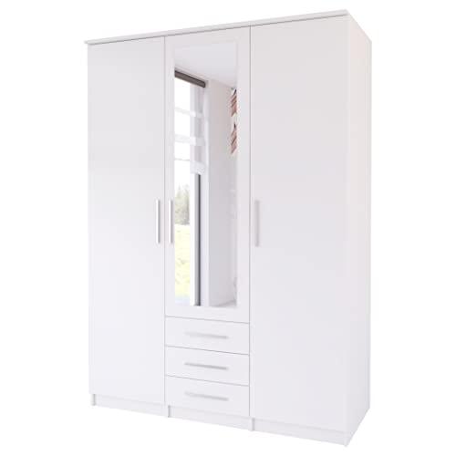 Fabryka Mebli Idźczak Schwebetürenschrank Szantal 3D mit Spiegel, Kleiderschrank DREI Schubladen, Kleiderstange und Einlegeböden, Schlafzimmerschrank, Schiebetüren, Modern Design (Weiß/Weiß) von Fabryka Mebli Idźczak