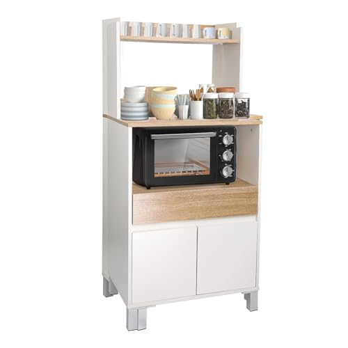 Fabulcozy Buffet de Cuisine desserte de Cuisine Pour Micro-Ondes Armoire de Cuisine Multi-rangements Avec Placard tiroir étagère 60 x 40 x 131 cm Naturel et Blanc von Fabulcozy