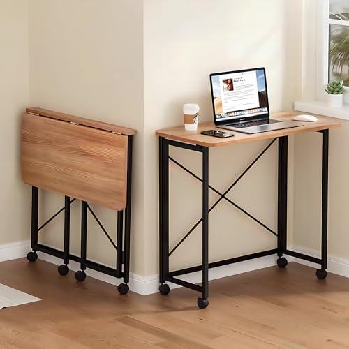 Faltbarer Schreibtisch mit Rollen, kleiner faltbarer Schreibtisch aus Holz mit Stauraum, einfache Montage, ausklappbarer Schreibtisch (80 × 40 × 75 cm, schwarzer Rahmen + natürliche Holzfarbe) von Fabulcozy