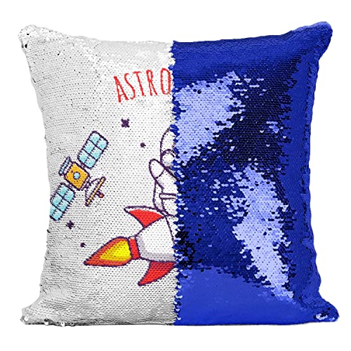 Fabulous Kissen mit Paillettenbezug Blau Astronaut Zeichnung Illustration Mond Satellit von Fabulous