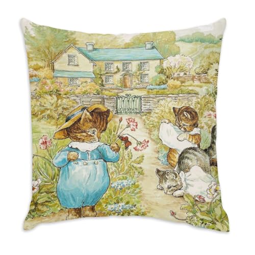 Fabulous Kissenbezug aus Samt, Motiv Tom Kitten und seine Freunde, Kätzchen, Motiv Kinder, Beatrice Potter, weiß, 40 x 40 cm, samtweich von Fabulous