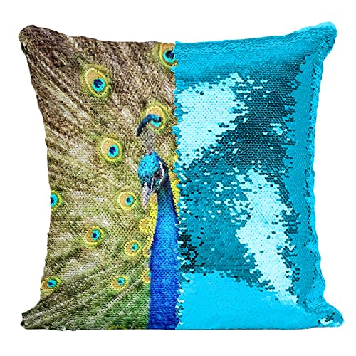 Fabulous Pailletten-Kissenbezug Türkis Erhabener Pfau Seine Schleppe ausstellen Oiseau Bleu von Fabulous