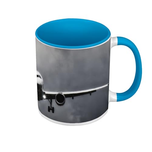 Fabulous Tasse, Farbe Premium Qualität, Blau – Flugzeug Decollage Flughafen Sonnenuntergang Mittelstrecke, Tasse mit Henkel und farbigem Innenfutter von Fabulous