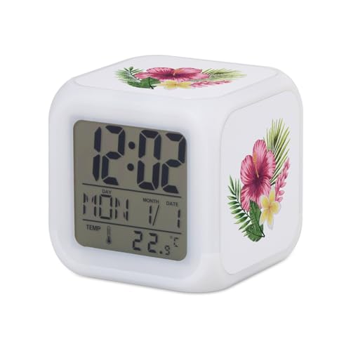 Fabulous Wecker Würfel beleuchtet Weiß – Flora Hawaii Blumen Tropisch Exotisch Dschungel Meer Surf – 7,8 x 7,8 x 7,8 cm – Retro Beleuchtung Mehrfarbig LED von Fabulous