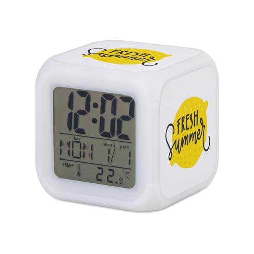 Fabulous Wecker Würfel beleuchtet Weiß – Fresh Summer Zitrone Illustration Sommer Urlaub Strand – 7,8 x 7,8 x 7,8 cm – Retro Beleuchtung Mehrfarbig LED von Fabulous