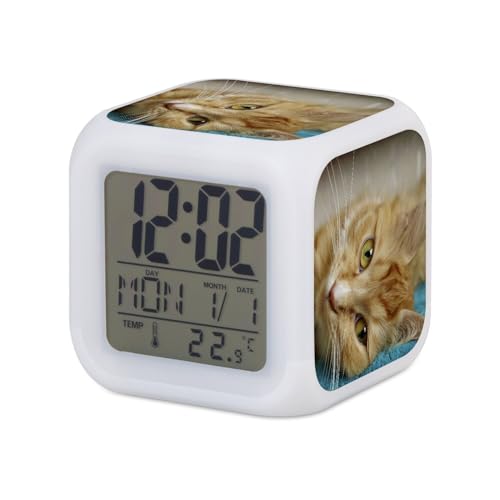 Fabulous Wecker Würfel beleuchtet Weiß – Katze rot getigert sich auf Handtuch blau Tiere – 7,8 x 7,8 x 7,8 cm – Retro-Beleuchtung mehrfarbig LED von Fabulous