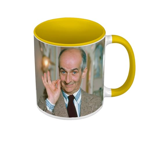 Kaffeebecher, hochwertig, Gelb – Louis De Funes Französischer Schauspieler Comedie – Tasse mit Henkel und farbigem Innenfutter von Fabulous