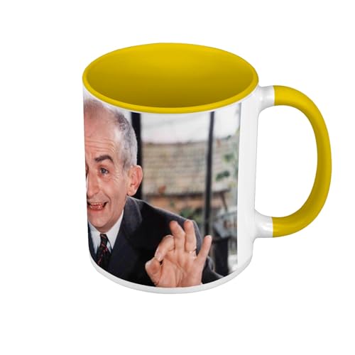 Kaffeebecher in Premium-Qualität, Gelb – Louis de Funes wie auf Rollen – Tasse mit Henkel und farbigem Innenfutter von Fabulous