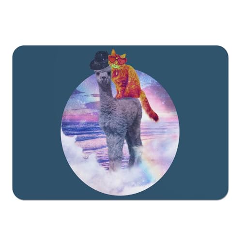 Platzset mit Unterseite aus Kork, blau, Lama, Katze und Regenbogen, Collage, Vintage, Illustration, Humor, Parodie Tier, groß, 39,5 x 28,5 cm von Fabulous