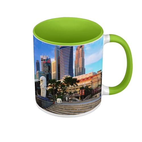 Tasse, Farbe Premium, Grün, Singapur, Beere, Stadt, Nacht, Wolkenkratzer, Merlion, Dekoration – Tasse mit Henkel und farbigem Innenraum von Fabulous