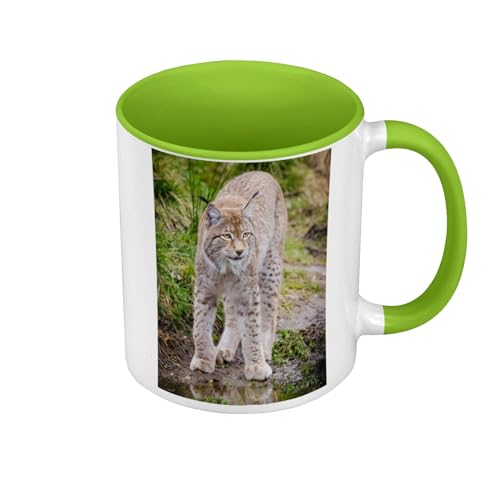 Tasse, Farbe Premium, Grün, großer Luchs, Wildtiere, Naturfoto, Tasse mit Henkel und farbigem Innenfutter von Fabulous