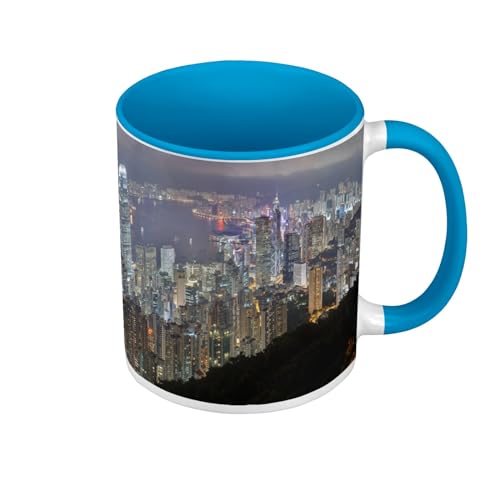 Tasse, Farbe Premium Qualität, Blau – Hong Kong City Night Scrapes CielDecoration Skyline Panorama – Tasse mit Henkel und farbigem Innenraum von Fabulous