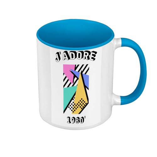 Tasse, Farbe Premium Qualität, Blau – J'Adore 1980er Vintage 80er Jahre Retro Abstrakt – Tasse mit Henkel und farbigem Innenraum von Fabulous
