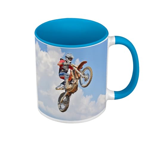 Tasse, Farbe Premium-Qualität, Blau – Springen in Motocross Biker Foto Gegentauchen, Tasse mit Henkel und farbigem Innenfutter von Fabulous