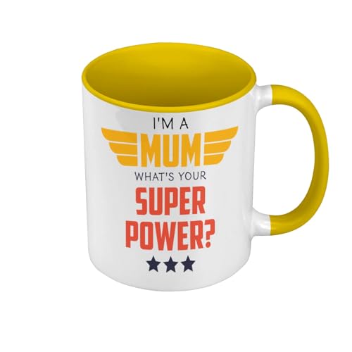 Tasse, Farbe Premium Qualität, Gelb – I'm a Mom, what's your Super Power? – Tasse mit Henkel und farbigem Innenfutter von Fabulous