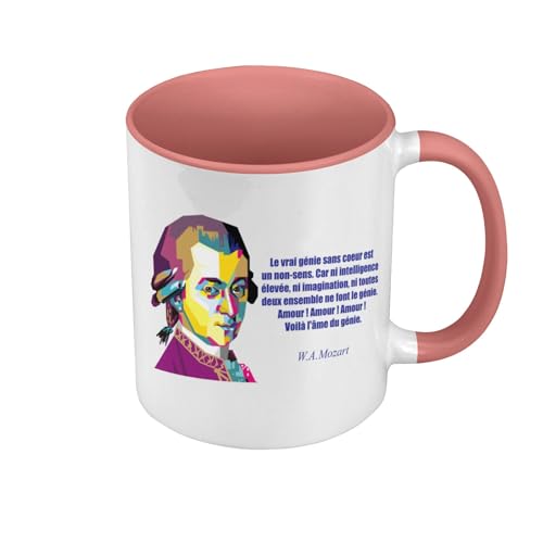 Tasse, Farbe Premium Qualität, Rosa – Das wahre Genie ohne Herz ist ein Unsinn, Mozart Zitat Musik Kreativität – Tasse mit Henkel und farbigem Innenraum von Fabulous