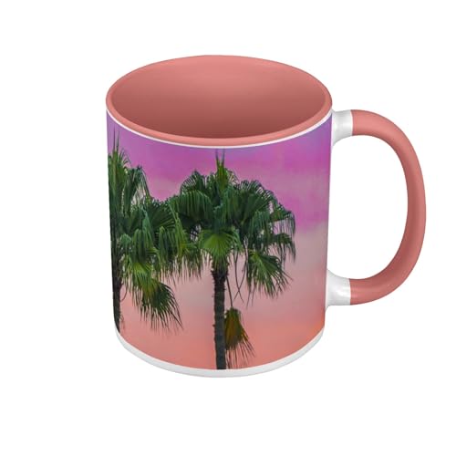 Tasse, Farbe Premium Qualität, Rosa – Palmen und Sonnenuntergang, mehrfarbig, Tropen, Strand, Tasse mit Henkel und farbigem Innenfutter von Fabulous