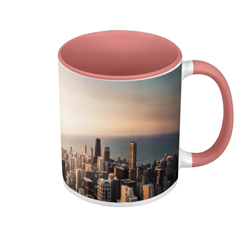 Tasse, Farbe Premium-Qualität, Rosa – Sonnenaufgang auf Chicago USA Stadt Michigansee – Tasse mit Henkel und farbigem Innenraum von Fabulous