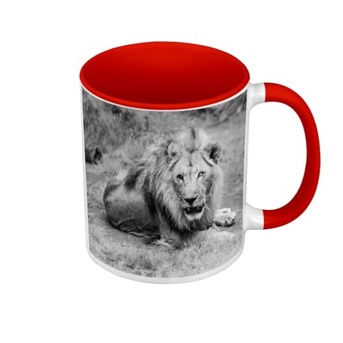 Tasse, Farbe Premium Qualität, Rot – Foto schwarz und weiß eines liegenden Löwen Savanne Afrika – Tasse mit Henkel und farbigem Innenfutter Tasse, Farbe Premium Qualität, Rot – Foto schwarz und weiß eines liegenden Löwen Savanne Afrika – Tasse mit Henkel und farbigem Innenfutter von Fabulous