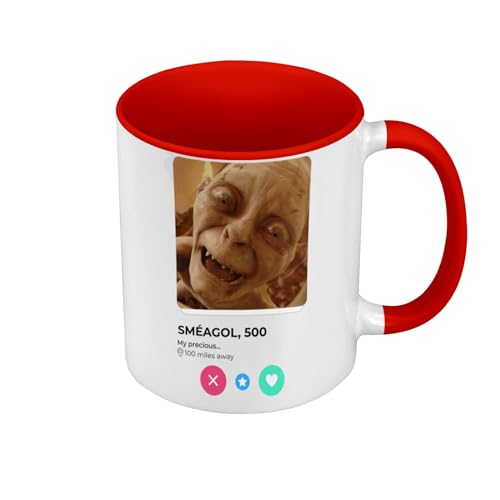 Tasse, Farbe Premium Qualität, Rot – Smeagol Gollum Social Network Meeting Love – Tasse mit Henkel und farbigem Innenfutter von Fabulous