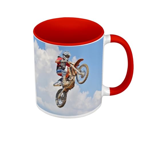 Tasse, Farbe Premium-Qualität, Rot – Springen in Motocross Biker Foto Gegentauchen, Tasse mit Henkel und farbigem Innenfutter von Fabulous