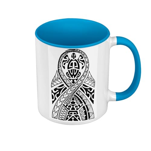 Tasse, hochwertig, Blau – Maori-Schildkröte Tattoo Neuseeland Tribal Art – Tasse mit Henkel und farbigem Innenfutter von Fabulous